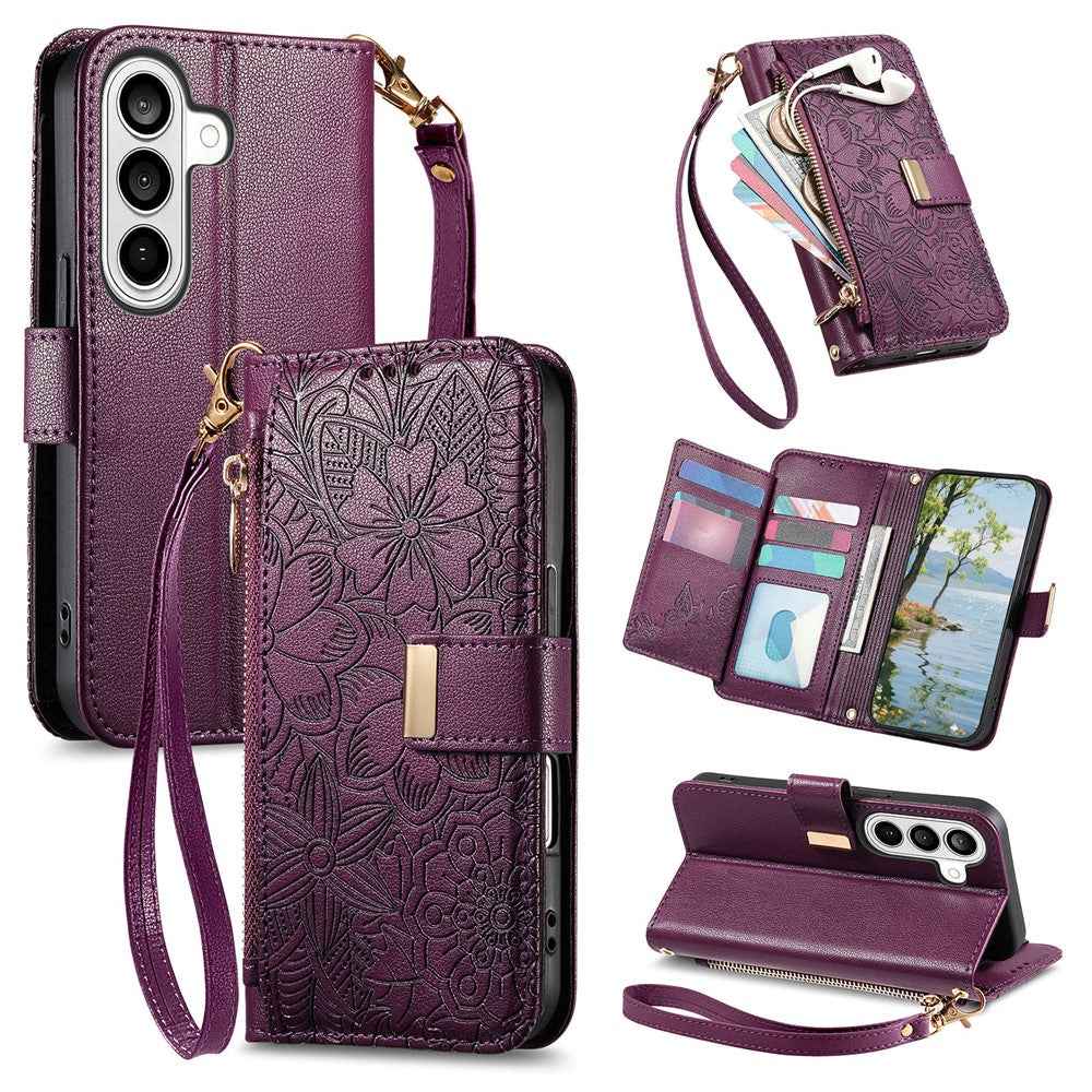 For Samsung Galaxy A57 5G Case Floral Leaf Pattern Multi Card Slots Zipper Leather Phone Cover with Wrist Strap - Purple