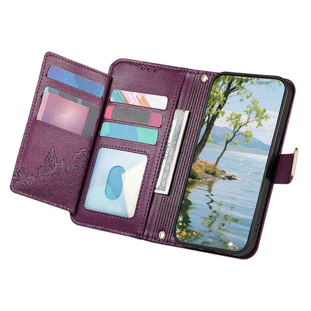 For Samsung Galaxy A57 5G Case Floral Leaf Pattern Multi Card Slots Zipper Leather Phone Cover with Wrist Strap - Purple