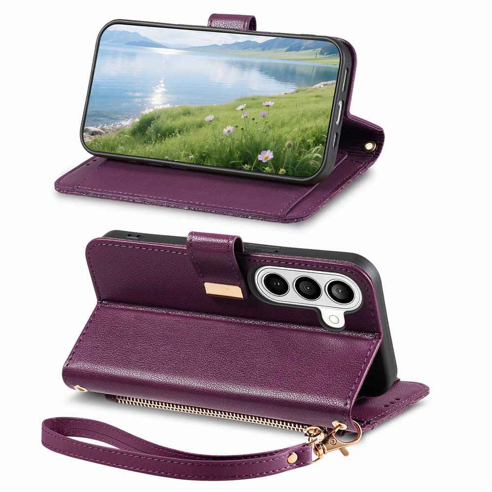 For Samsung Galaxy A57 5G Case Floral Leaf Pattern Multi Card Slots Zipper Leather Phone Cover with Wrist Strap - Purple