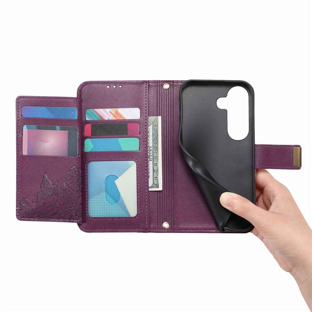 For Samsung Galaxy A57 5G Case Floral Leaf Pattern Multi Card Slots Zipper Leather Phone Cover with Wrist Strap - Purple