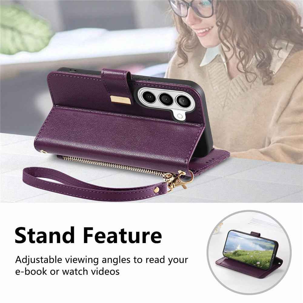 For Samsung Galaxy A57 5G Case Floral Leaf Pattern Multi Card Slots Zipper Leather Phone Cover with Wrist Strap - Purple