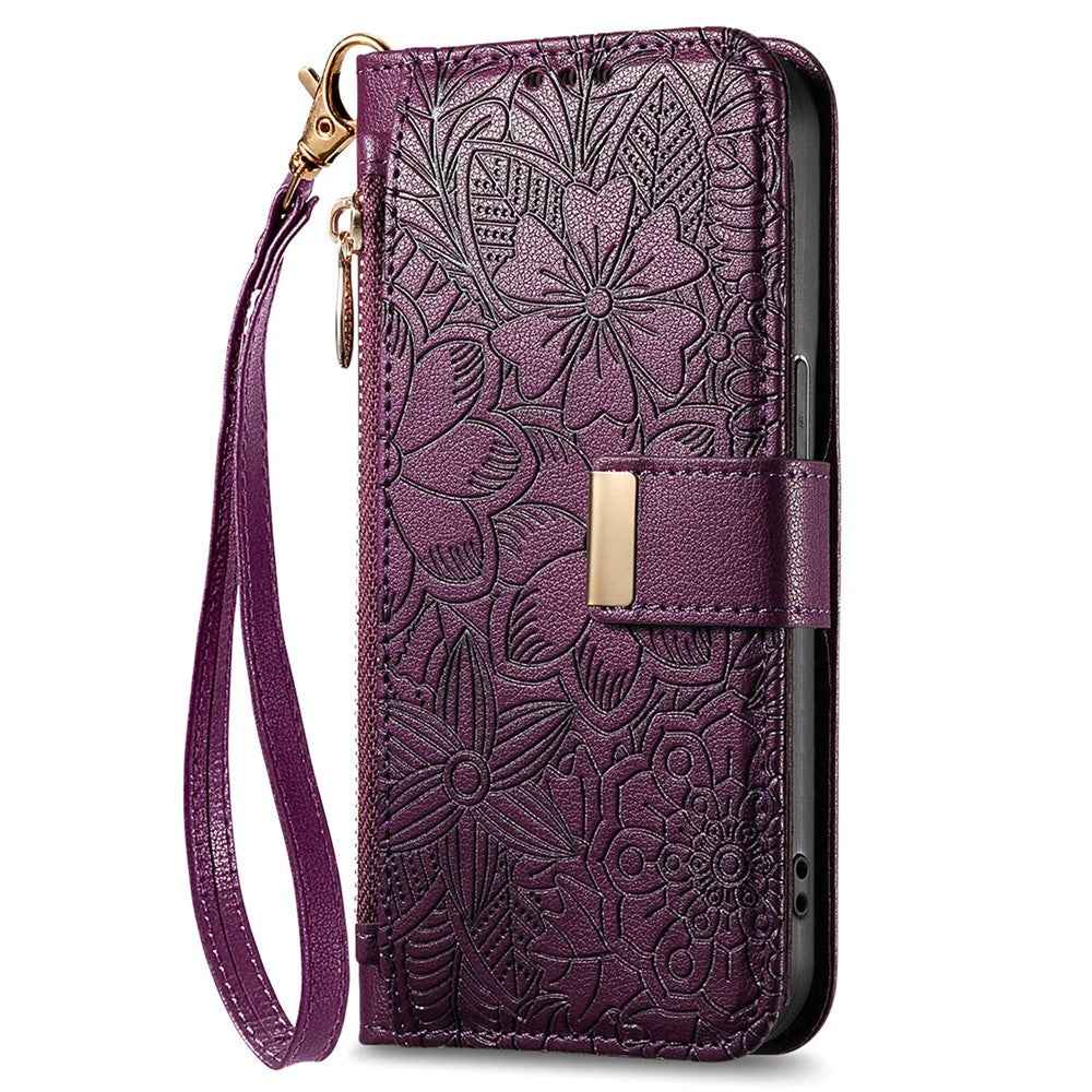 For Samsung Galaxy A57 5G Case Floral Leaf Pattern Multi Card Slots Zipper Leather Phone Cover with Wrist Strap - Purple