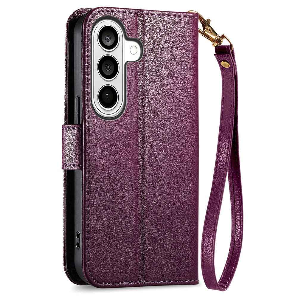 For Samsung Galaxy A57 5G Case Floral Leaf Pattern Multi Card Slots Zipper Leather Phone Cover with Wrist Strap - Purple