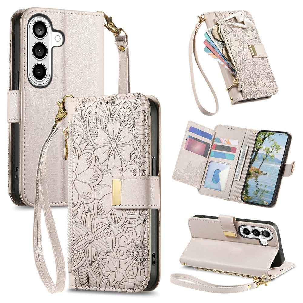 For Samsung Galaxy A57 5G Case Floral Leaf Pattern Multi Card Slots Zipper Leather Phone Cover with Wrist Strap - Grey