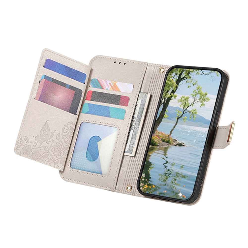 For Samsung Galaxy A57 5G Case Floral Leaf Pattern Multi Card Slots Zipper Leather Phone Cover with Wrist Strap - Grey