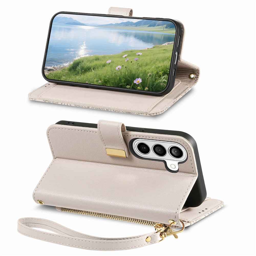 For Samsung Galaxy A57 5G Case Floral Leaf Pattern Multi Card Slots Zipper Leather Phone Cover with Wrist Strap - Grey
