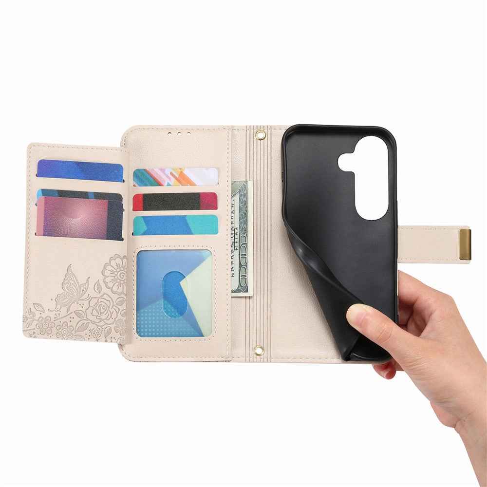 For Samsung Galaxy A57 5G Case Floral Leaf Pattern Multi Card Slots Zipper Leather Phone Cover with Wrist Strap - Grey