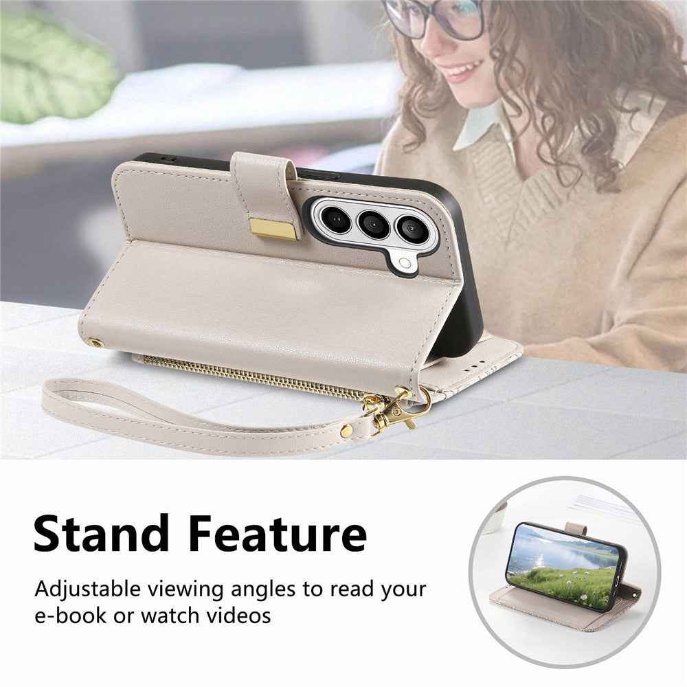 For Samsung Galaxy A57 5G Case Floral Leaf Pattern Multi Card Slots Zipper Leather Phone Cover with Wrist Strap - Grey