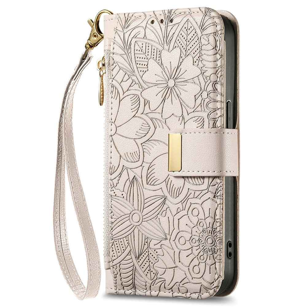 For Samsung Galaxy A57 5G Case Floral Leaf Pattern Multi Card Slots Zipper Leather Phone Cover with Wrist Strap - Grey