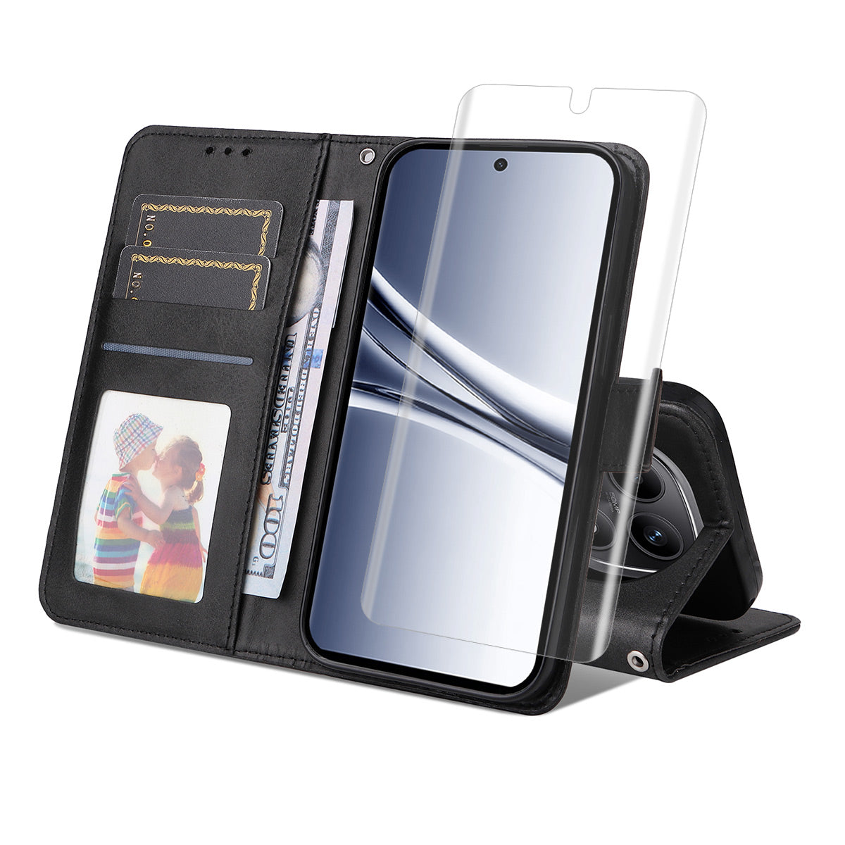 For Xiaomi Redmi Note 15 5G (Global) / Xiaomi Redmi Note 15 4G (Global) / Xiaomi Poco M8 5G Wallet Case ENKAY HAT PRINCE Calf Texture Leather Phone Stand Cover with Hydrogel Film / Strap - Black