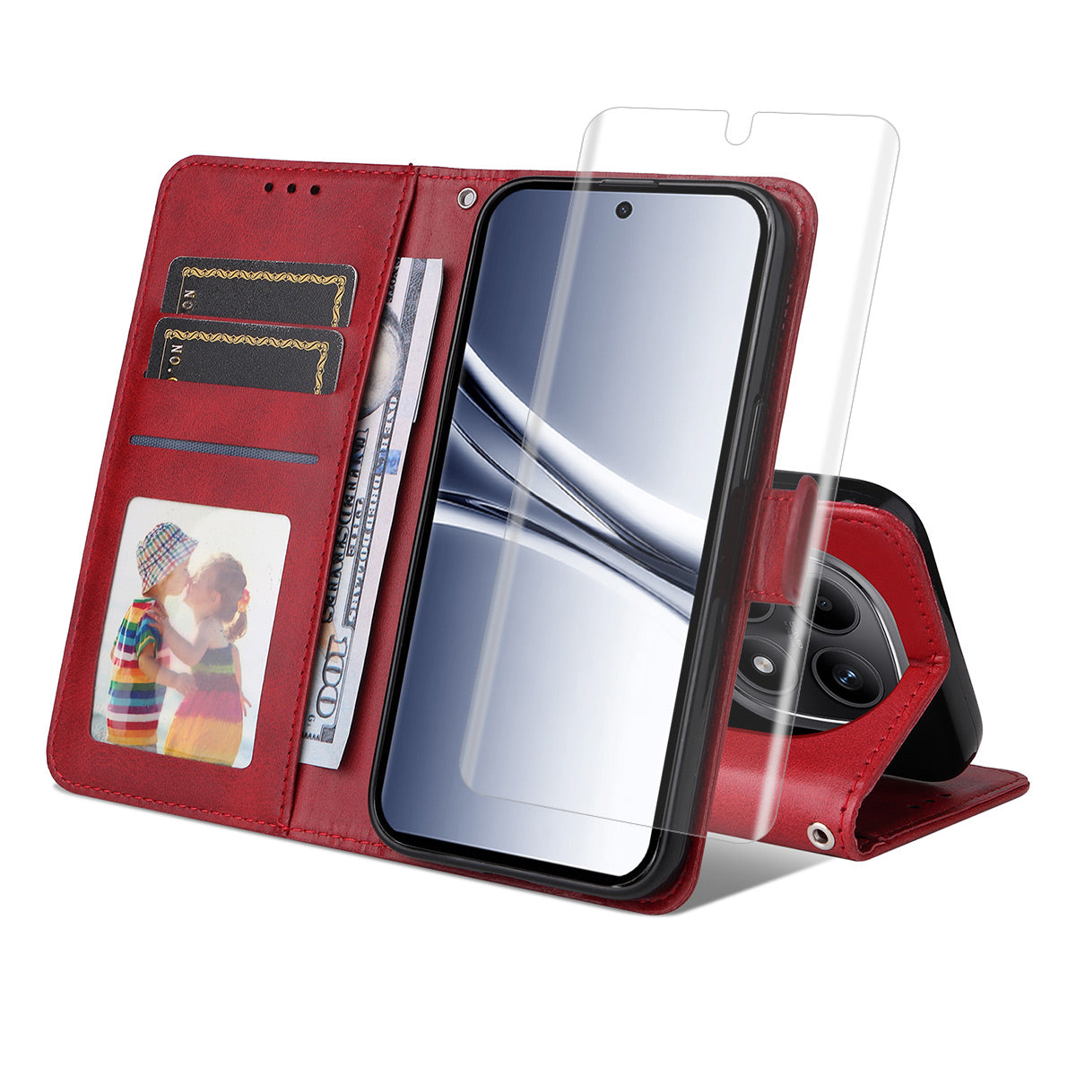 For Xiaomi Redmi Note 15 Pro+ 5G (Global) / Xiaomi Poco M8 Pro 5G Wallet Case ENKAY HAT PRINCE Calf Texture Leather Phone Stand Cover with Hydrogel Film / Strap - Red