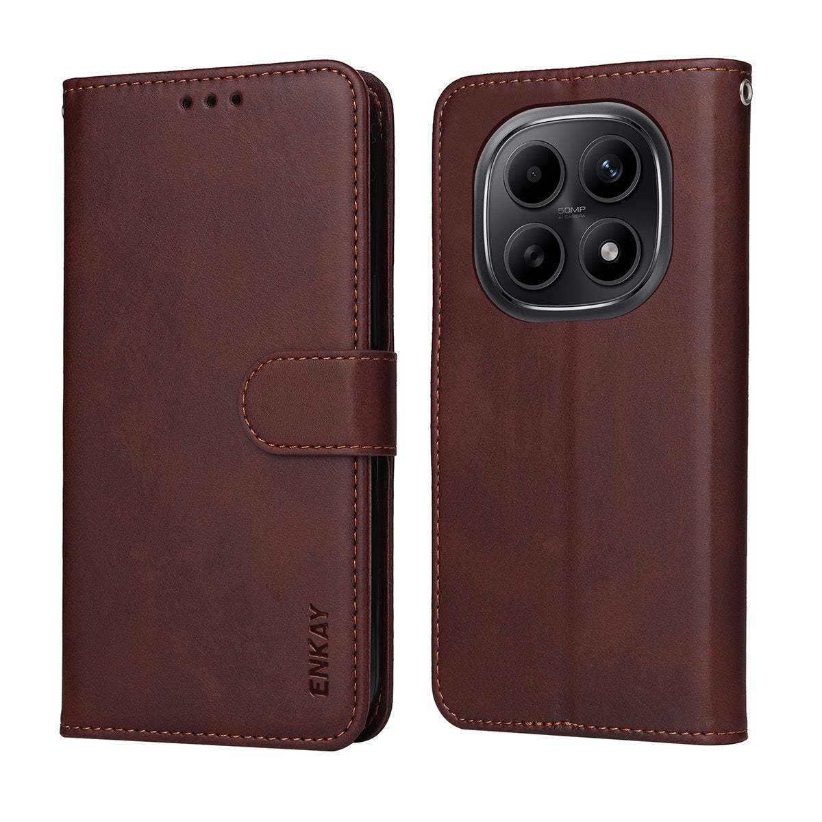 For Xiaomi Redmi Note 15 Pro+ 5G (Global) / Xiaomi Poco M8 Pro 5G Wallet Case ENKAY HAT PRINCE Calf Texture Leather Phone Stand Cover with Hydrogel Film / Strap - Brown