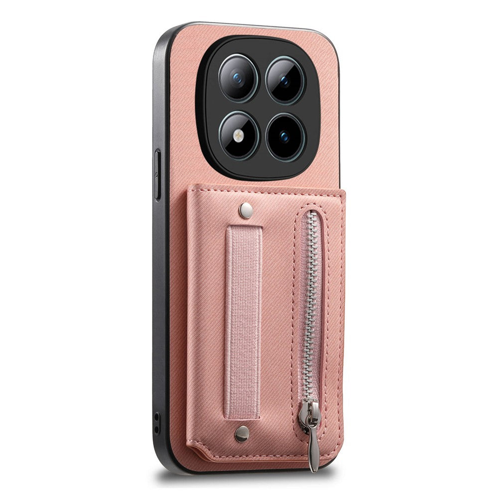 Phone Case For Xiaomi Poco M8 Pro 5G  /  Redmi Note 15 Pro+ 5G (Global) RFID Blocking Card Holder Jeans Cloth Texture Leather Back Cover with Elastic Wristband - Pink