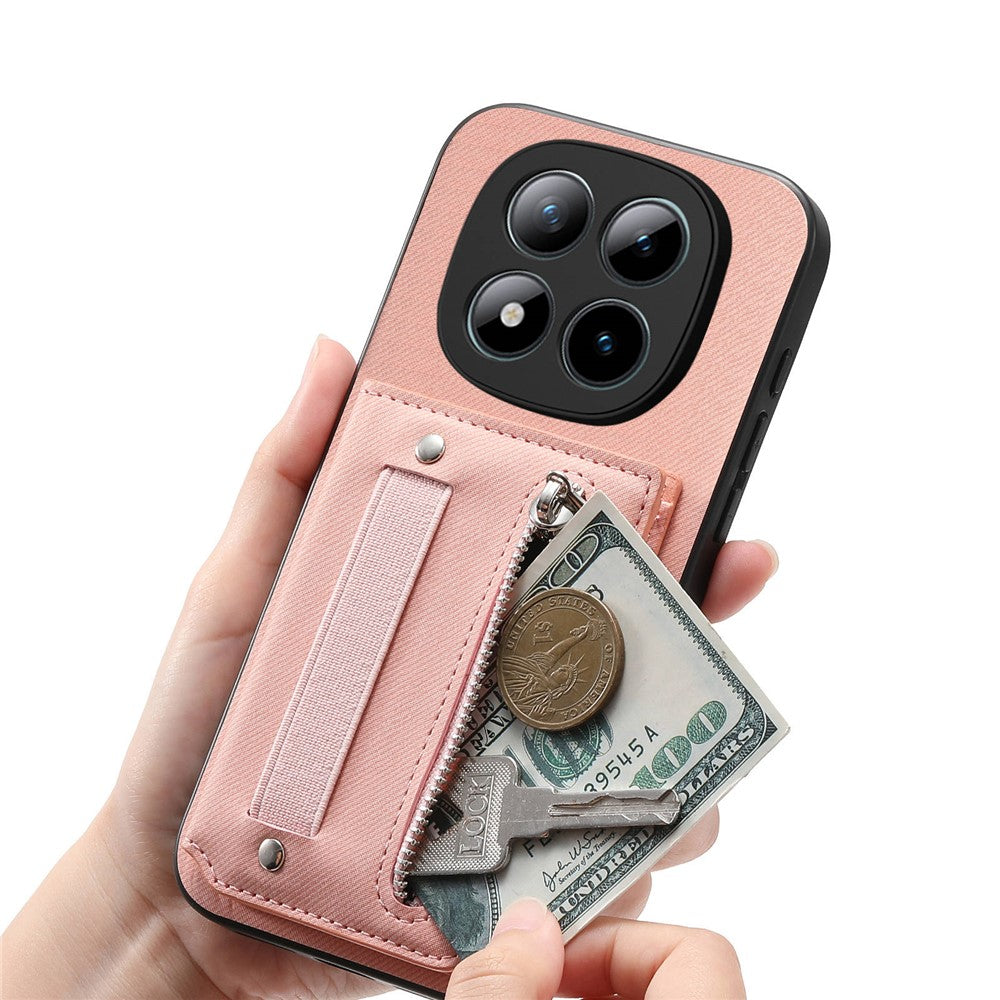Phone Case For Xiaomi Poco M8 Pro 5G  /  Redmi Note 15 Pro+ 5G (Global) RFID Blocking Card Holder Jeans Cloth Texture Leather Back Cover with Elastic Wristband - Pink