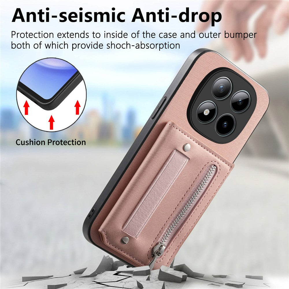 Phone Case For Xiaomi Poco M8 Pro 5G  /  Redmi Note 15 Pro+ 5G (Global) RFID Blocking Card Holder Jeans Cloth Texture Leather Back Cover with Elastic Wristband - Pink