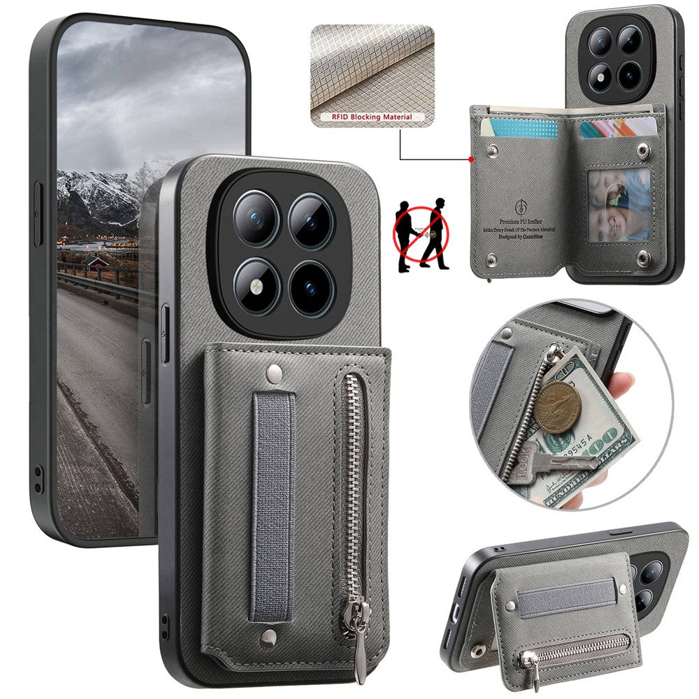 Phone Case For Xiaomi Poco M8 Pro 5G  /  Redmi Note 15 Pro+ 5G (Global) RFID Blocking Card Holder Jeans Cloth Texture Leather Back Cover with Elastic Wristband - Grey
