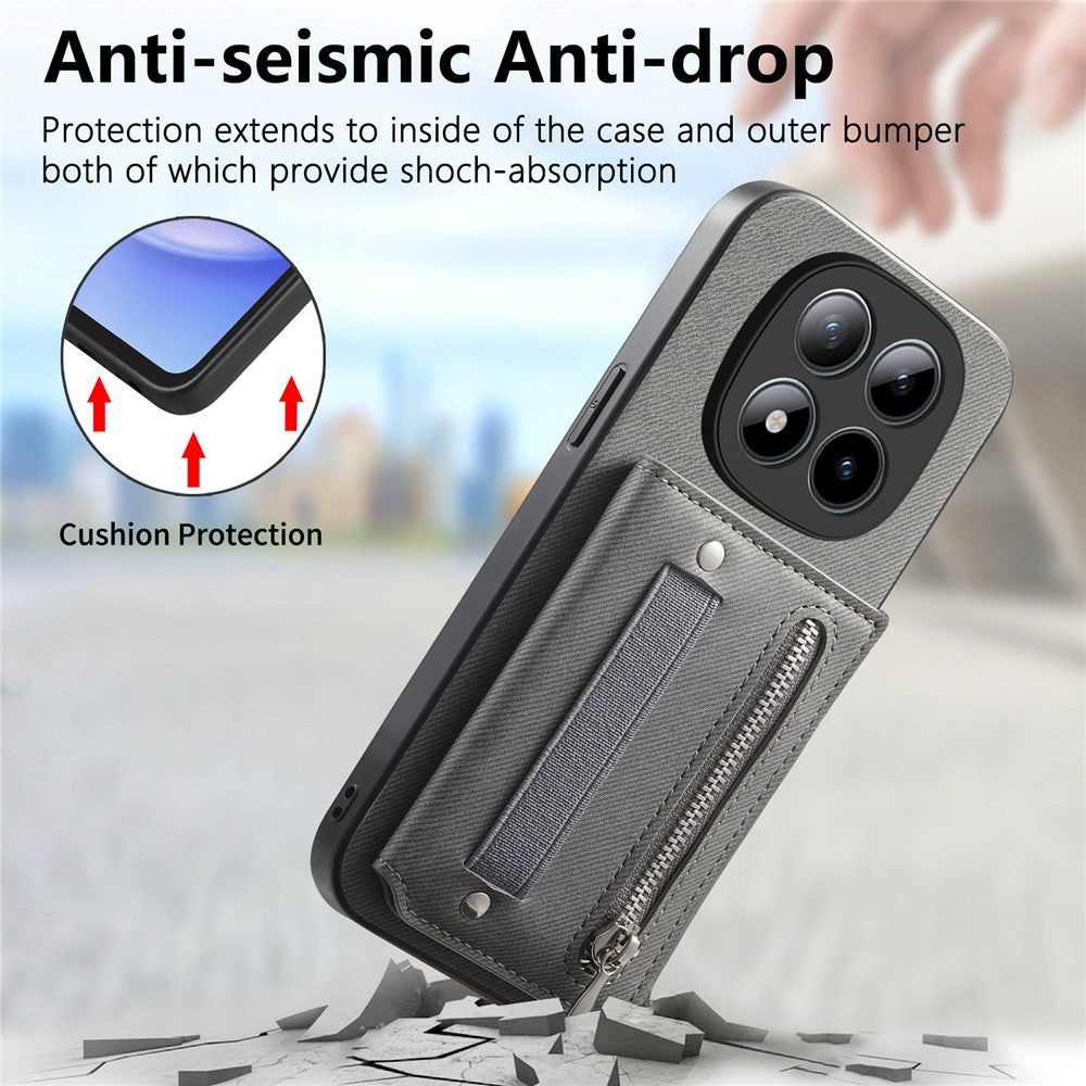 Phone Case For Xiaomi Poco M8 Pro 5G  /  Redmi Note 15 Pro+ 5G (Global) RFID Blocking Card Holder Jeans Cloth Texture Leather Back Cover with Elastic Wristband - Grey