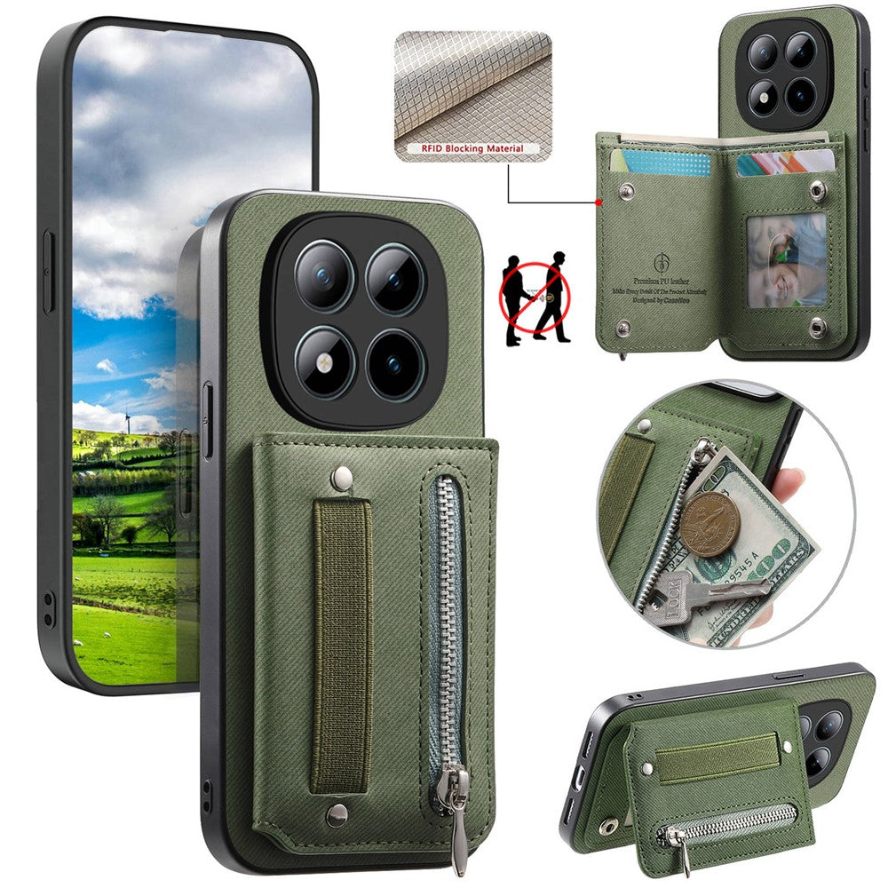 Phone Case For Xiaomi Poco M8 Pro 5G  /  Redmi Note 15 Pro+ 5G (Global) RFID Blocking Card Holder Jeans Cloth Texture Leather Back Cover with Elastic Wristband - Green