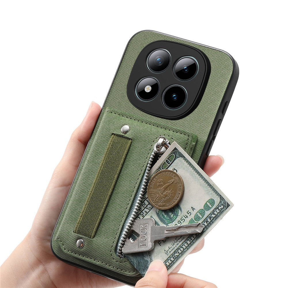 Phone Case For Xiaomi Poco M8 Pro 5G  /  Redmi Note 15 Pro+ 5G (Global) RFID Blocking Card Holder Jeans Cloth Texture Leather Back Cover with Elastic Wristband - Green
