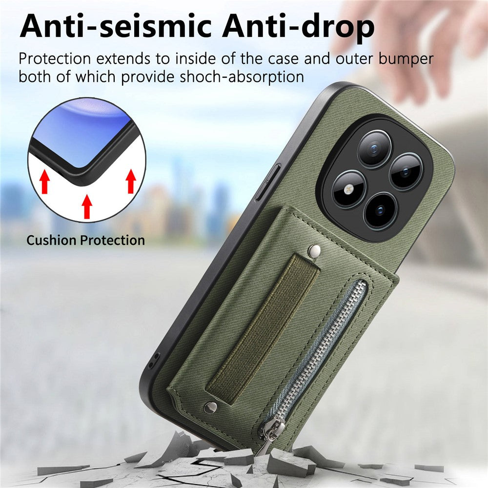Phone Case For Xiaomi Poco M8 Pro 5G  /  Redmi Note 15 Pro+ 5G (Global) RFID Blocking Card Holder Jeans Cloth Texture Leather Back Cover with Elastic Wristband - Green