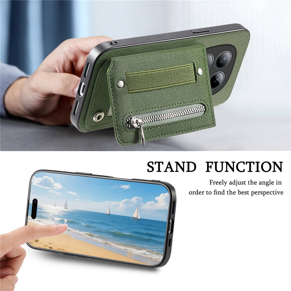 Phone Case For Xiaomi Poco M8 Pro 5G  /  Redmi Note 15 Pro+ 5G (Global) RFID Blocking Card Holder Jeans Cloth Texture Leather Back Cover with Elastic Wristband - Green