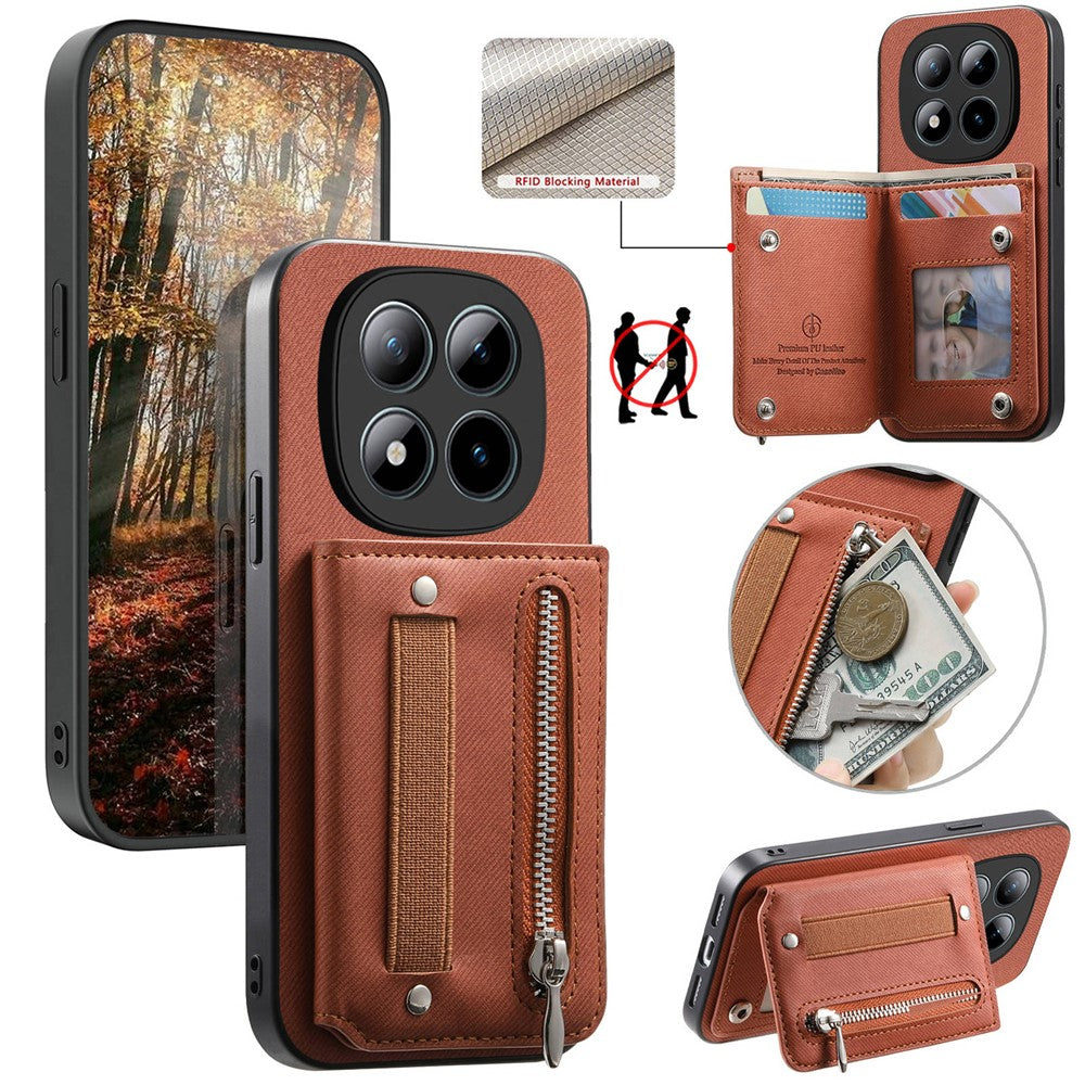 Phone Case For Xiaomi Poco M8 Pro 5G  /  Redmi Note 15 Pro+ 5G (Global) RFID Blocking Card Holder Jeans Cloth Texture Leather Back Cover with Elastic Wristband - Brown