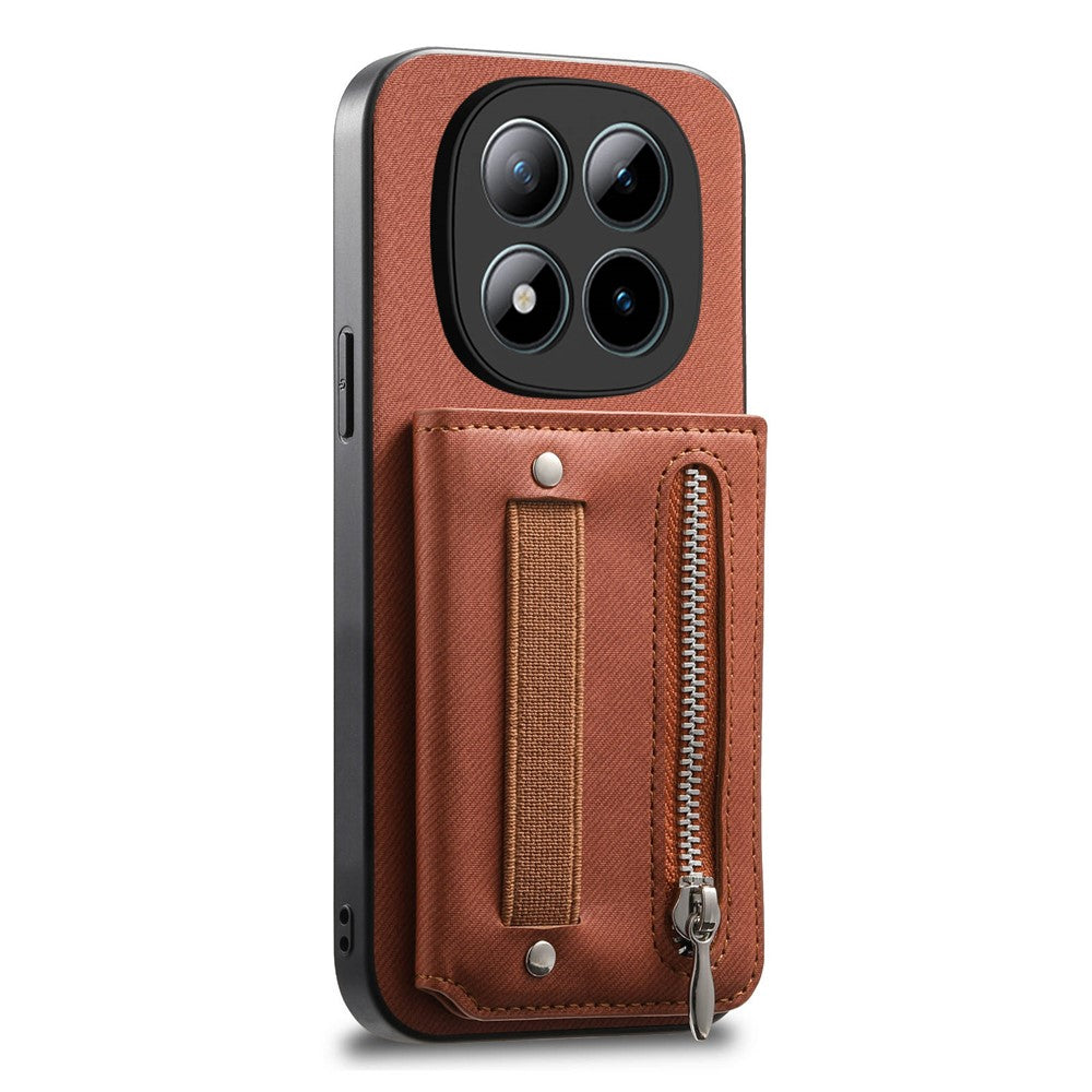 Phone Case For Xiaomi Poco M8 Pro 5G  /  Redmi Note 15 Pro+ 5G (Global) RFID Blocking Card Holder Jeans Cloth Texture Leather Back Cover with Elastic Wristband - Brown