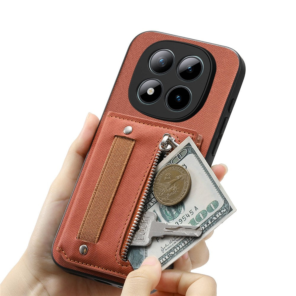 Phone Case For Xiaomi Poco M8 Pro 5G  /  Redmi Note 15 Pro+ 5G (Global) RFID Blocking Card Holder Jeans Cloth Texture Leather Back Cover with Elastic Wristband - Brown