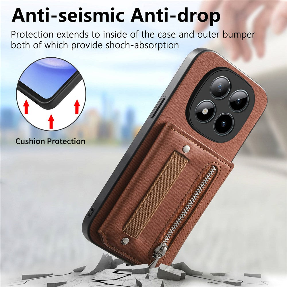 Phone Case For Xiaomi Poco M8 Pro 5G  /  Redmi Note 15 Pro+ 5G (Global) RFID Blocking Card Holder Jeans Cloth Texture Leather Back Cover with Elastic Wristband - Brown