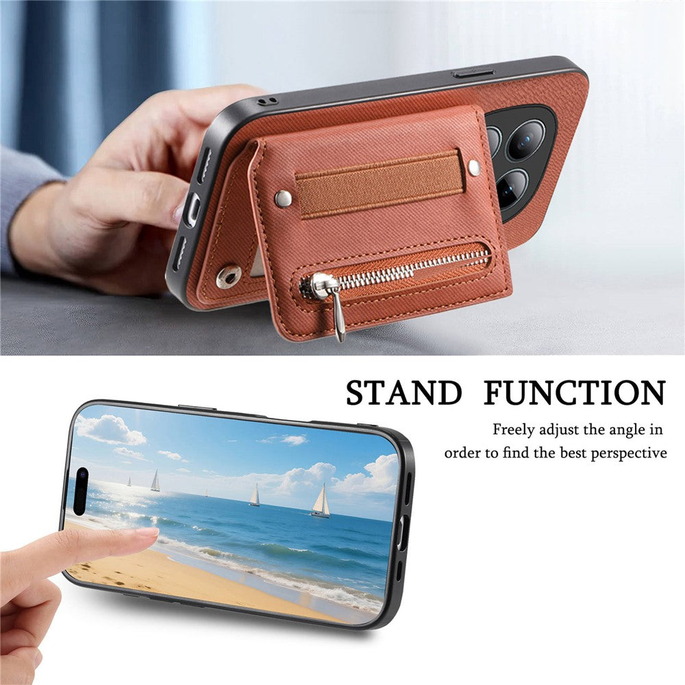Phone Case For Xiaomi Poco M8 Pro 5G  /  Redmi Note 15 Pro+ 5G (Global) RFID Blocking Card Holder Jeans Cloth Texture Leather Back Cover with Elastic Wristband - Brown