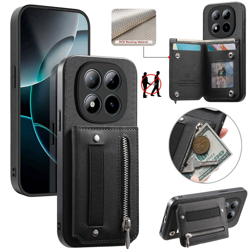 Phone Case For Xiaomi Poco M8 Pro 5G  /  Redmi Note 15 Pro+ 5G (Global) RFID Blocking Card Holder Jeans Cloth Texture Leather Back Cover with Elastic Wristband - Black