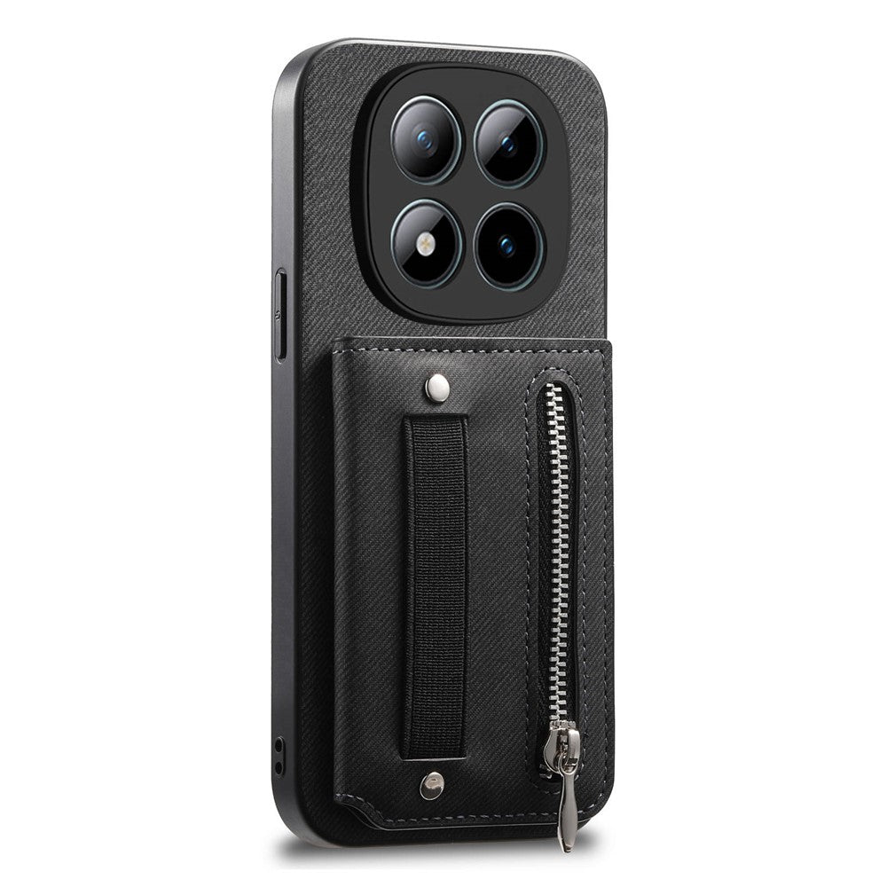 Phone Case For Xiaomi Poco M8 Pro 5G  /  Redmi Note 15 Pro+ 5G (Global) RFID Blocking Card Holder Jeans Cloth Texture Leather Back Cover with Elastic Wristband - Black