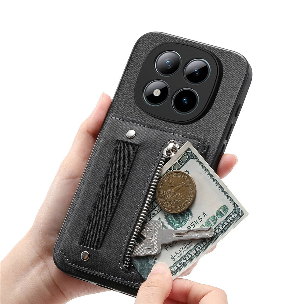 Phone Case For Xiaomi Poco M8 Pro 5G  /  Redmi Note 15 Pro+ 5G (Global) RFID Blocking Card Holder Jeans Cloth Texture Leather Back Cover with Elastic Wristband - Black