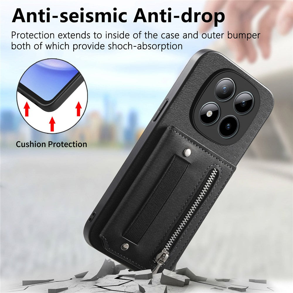 Phone Case For Xiaomi Poco M8 Pro 5G  /  Redmi Note 15 Pro+ 5G (Global) RFID Blocking Card Holder Jeans Cloth Texture Leather Back Cover with Elastic Wristband - Black