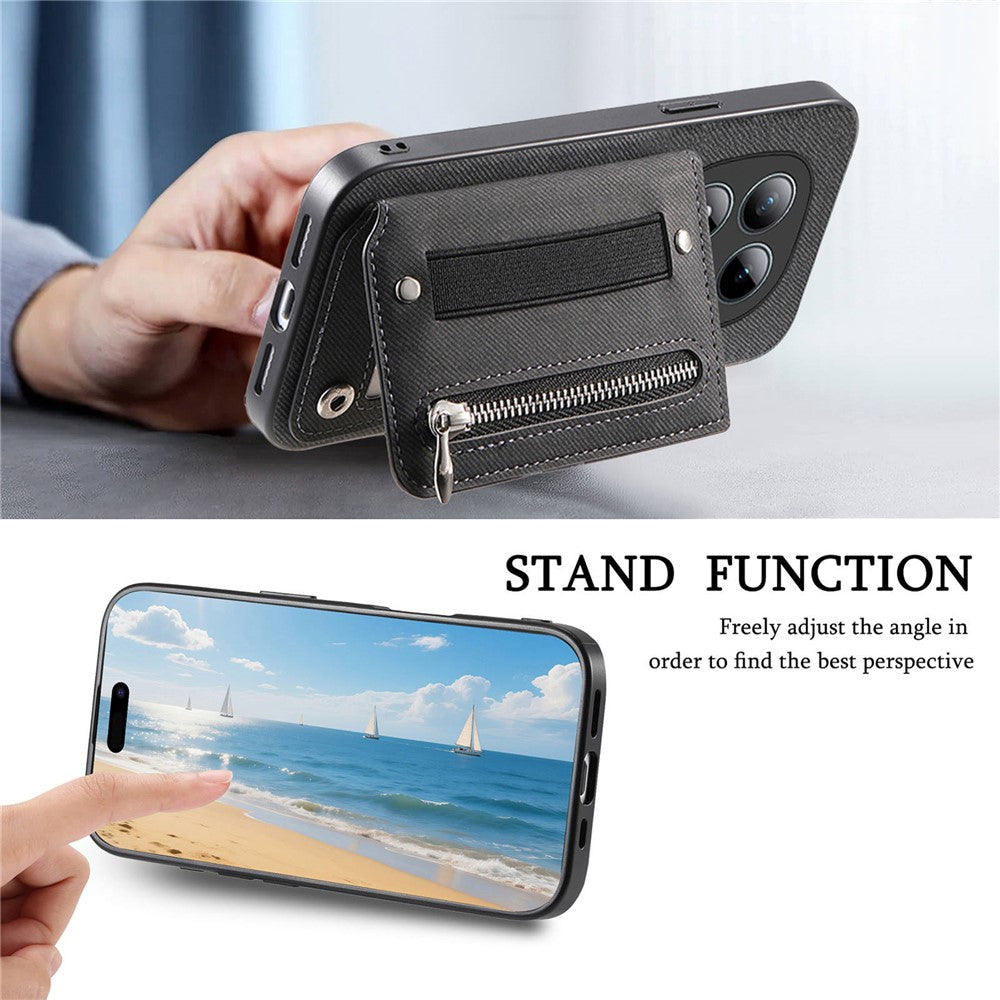 Phone Case For Xiaomi Poco M8 Pro 5G  /  Redmi Note 15 Pro+ 5G (Global) RFID Blocking Card Holder Jeans Cloth Texture Leather Back Cover with Elastic Wristband - Black
