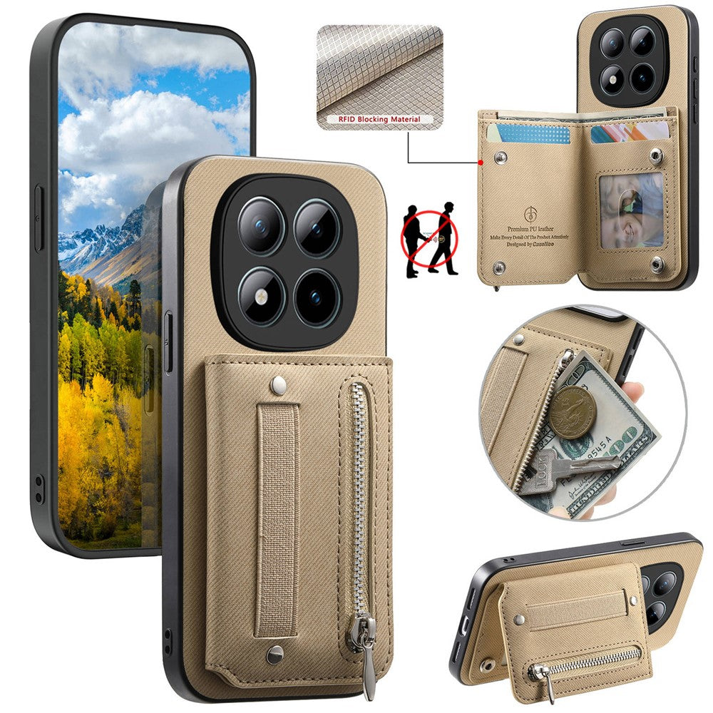 Phone Case For Xiaomi Poco M8 Pro 5G  /  Redmi Note 15 Pro+ 5G (Global) RFID Blocking Card Holder Jeans Cloth Texture Leather Back Cover with Elastic Wristband - Khaki