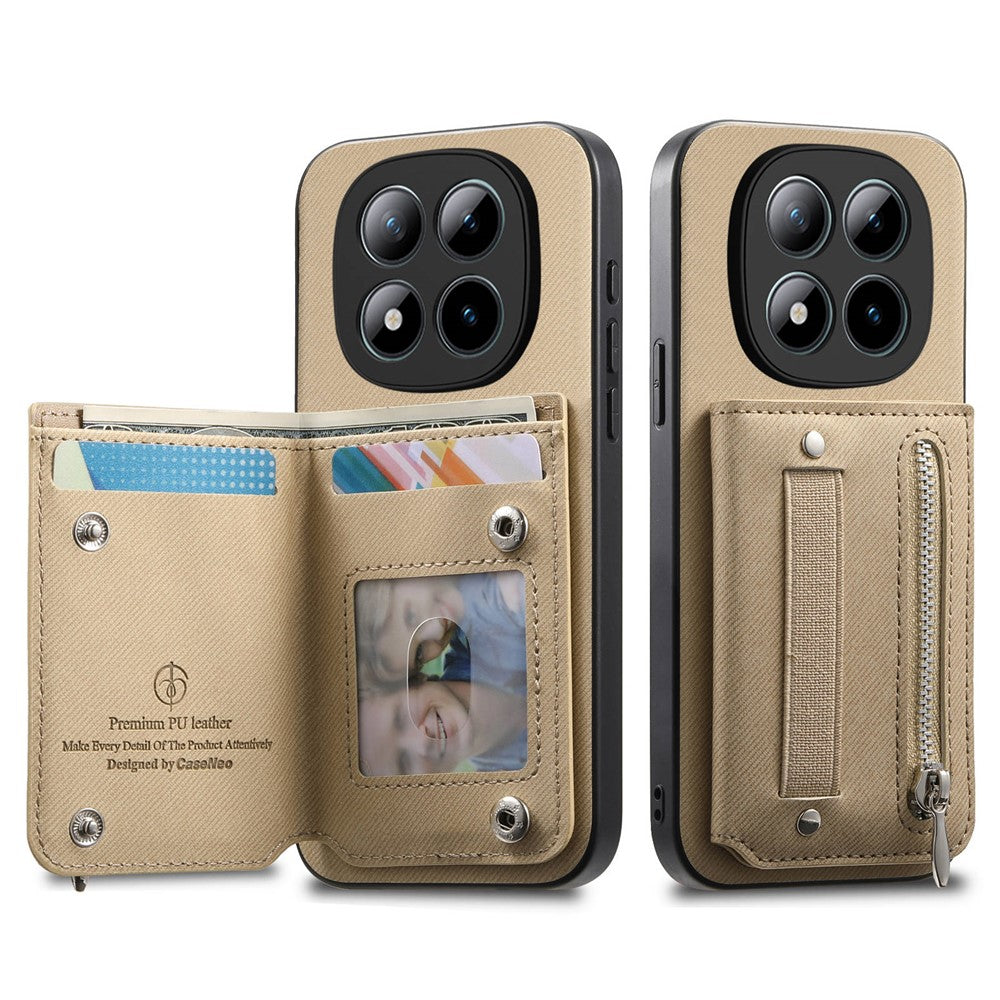 Phone Case For Xiaomi Poco M8 Pro 5G  /  Redmi Note 15 Pro+ 5G (Global) RFID Blocking Card Holder Jeans Cloth Texture Leather Back Cover with Elastic Wristband - Khaki