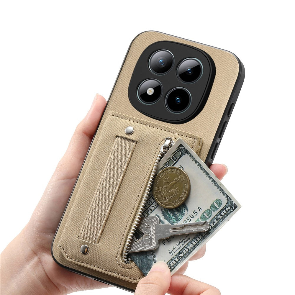 Phone Case For Xiaomi Poco M8 Pro 5G  /  Redmi Note 15 Pro+ 5G (Global) RFID Blocking Card Holder Jeans Cloth Texture Leather Back Cover with Elastic Wristband - Khaki