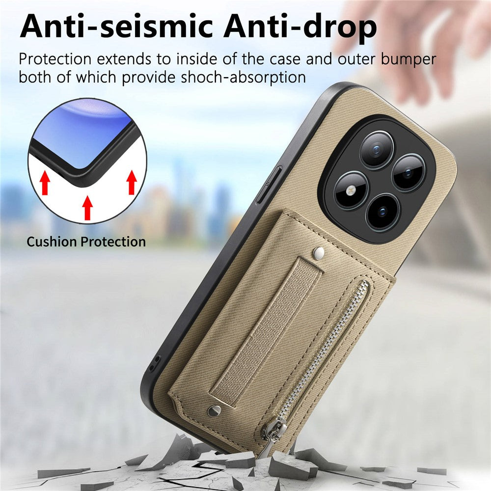 Phone Case For Xiaomi Poco M8 Pro 5G  /  Redmi Note 15 Pro+ 5G (Global) RFID Blocking Card Holder Jeans Cloth Texture Leather Back Cover with Elastic Wristband - Khaki