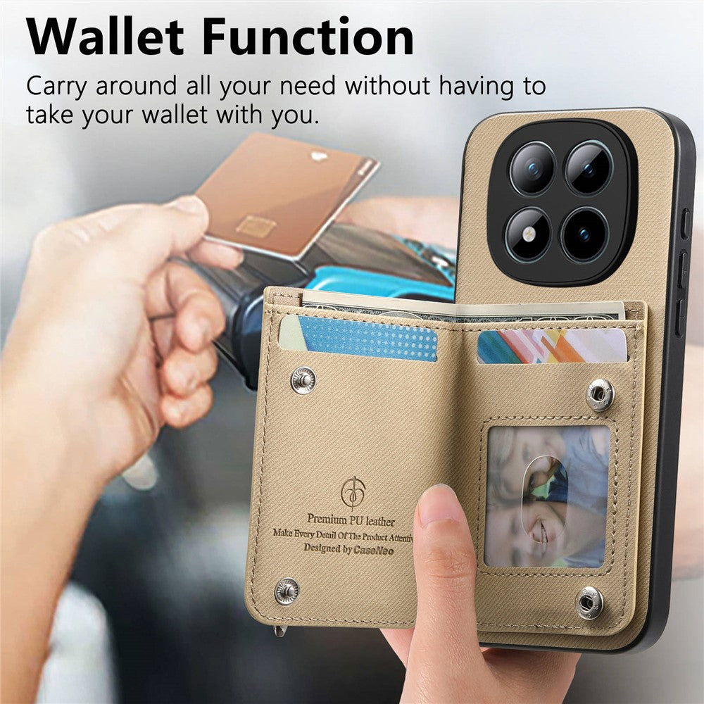 Phone Case For Xiaomi Poco M8 Pro 5G  /  Redmi Note 15 Pro+ 5G (Global) RFID Blocking Card Holder Jeans Cloth Texture Leather Back Cover with Elastic Wristband - Khaki