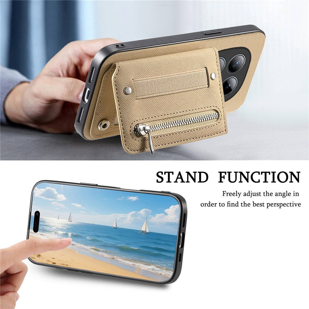 Phone Case For Xiaomi Poco M8 Pro 5G  /  Redmi Note 15 Pro+ 5G (Global) RFID Blocking Card Holder Jeans Cloth Texture Leather Back Cover with Elastic Wristband - Khaki