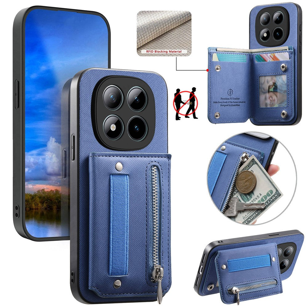Phone Case For Xiaomi Poco M8 Pro 5G  /  Redmi Note 15 Pro+ 5G (Global) RFID Blocking Card Holder Jeans Cloth Texture Leather Back Cover with Elastic Wristband - Blue