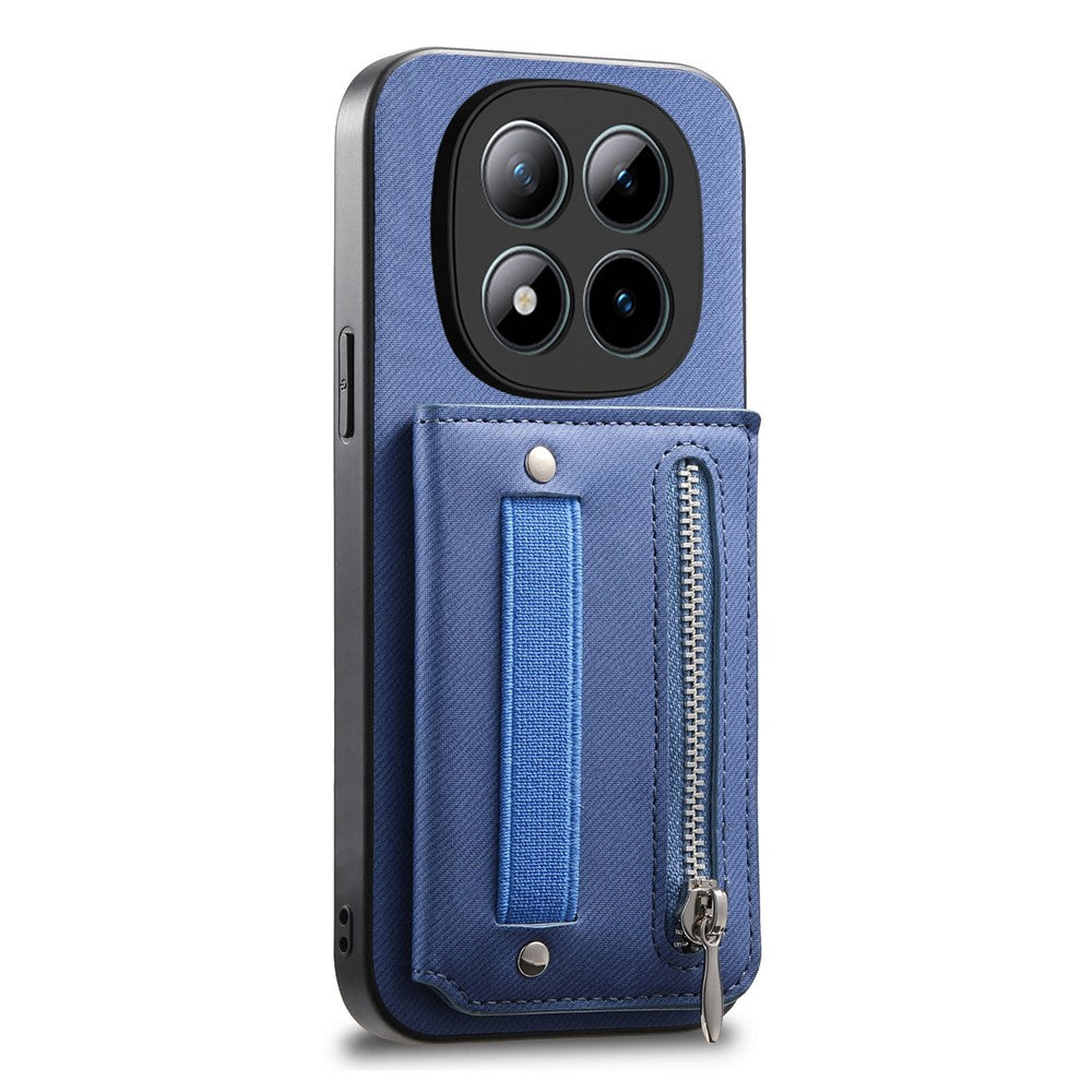Phone Case For Xiaomi Poco M8 Pro 5G  /  Redmi Note 15 Pro+ 5G (Global) RFID Blocking Card Holder Jeans Cloth Texture Leather Back Cover with Elastic Wristband - Blue