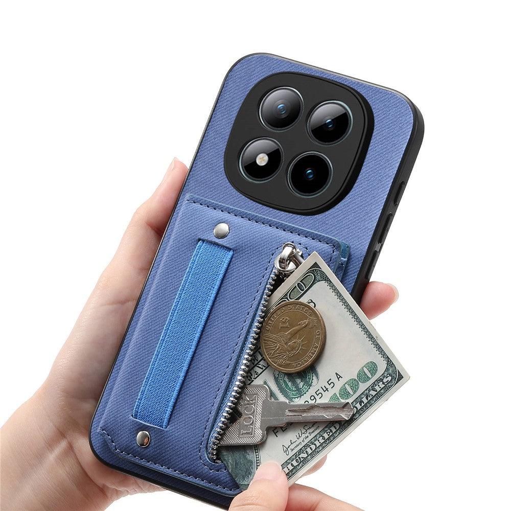 Phone Case For Xiaomi Poco M8 Pro 5G  /  Redmi Note 15 Pro+ 5G (Global) RFID Blocking Card Holder Jeans Cloth Texture Leather Back Cover with Elastic Wristband - Blue