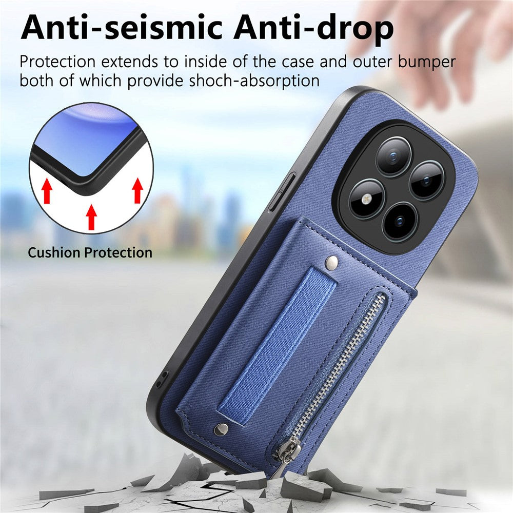 Phone Case For Xiaomi Poco M8 Pro 5G  /  Redmi Note 15 Pro+ 5G (Global) RFID Blocking Card Holder Jeans Cloth Texture Leather Back Cover with Elastic Wristband - Blue
