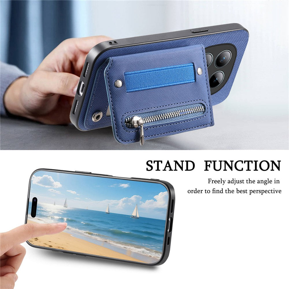Phone Case For Xiaomi Poco M8 Pro 5G  /  Redmi Note 15 Pro+ 5G (Global) RFID Blocking Card Holder Jeans Cloth Texture Leather Back Cover with Elastic Wristband - Blue