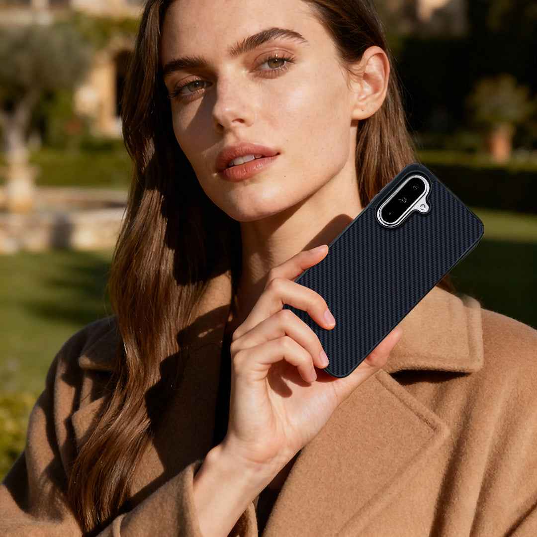 For Samsung Galaxy A57 5G Magnetic Case EYCASE Kevlar Series UV Printed Black Edge TPU Acrylic Phone Cover - Black Grey