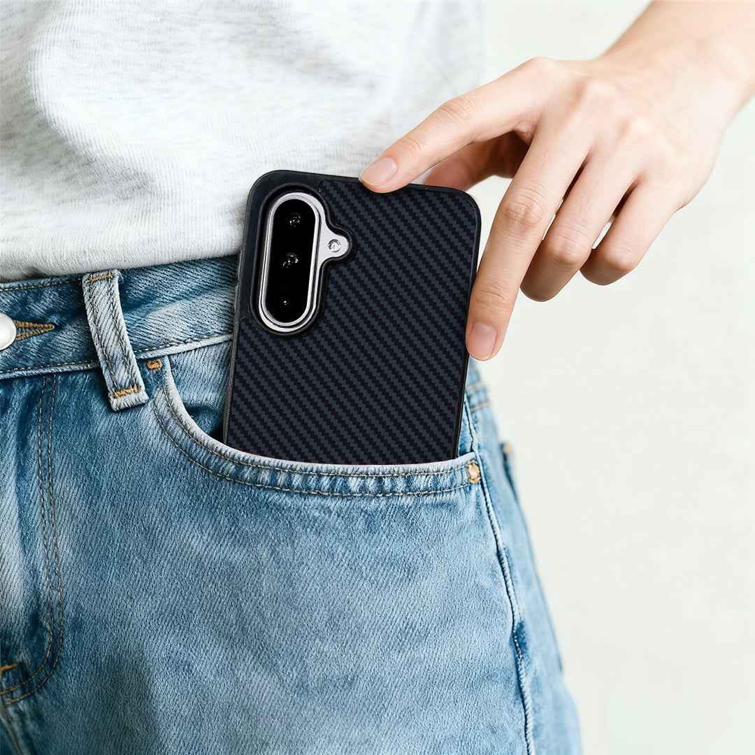 For Samsung Galaxy A57 5G Magnetic Case EYCASE Kevlar Series UV Printed Black Edge TPU Acrylic Phone Cover - Black Grey