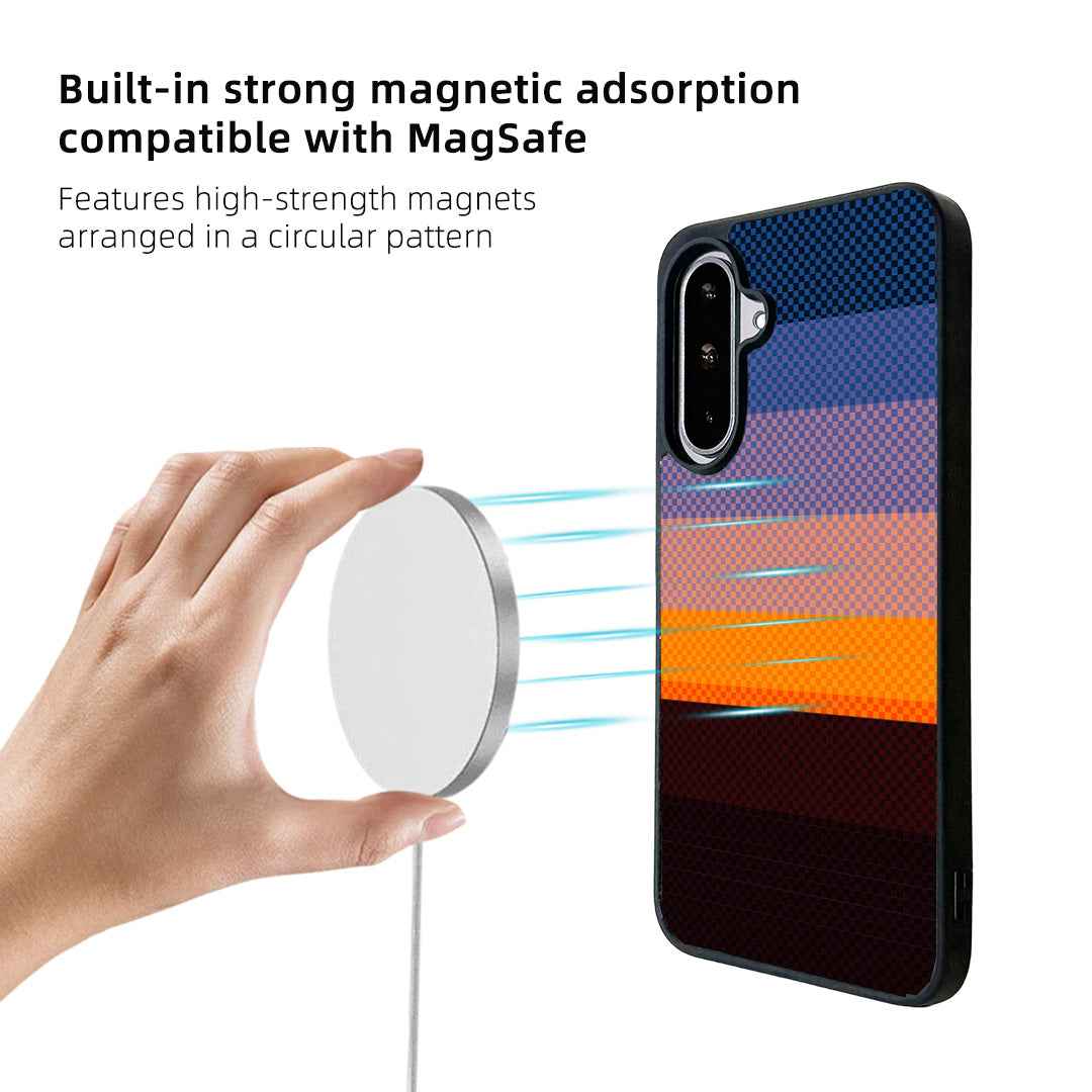 For Samsung Galaxy A57 5G Magnetic Case EYCASE Kevlar Series UV Printed Black Edge TPU Acrylic Phone Cover - Sunset Glow