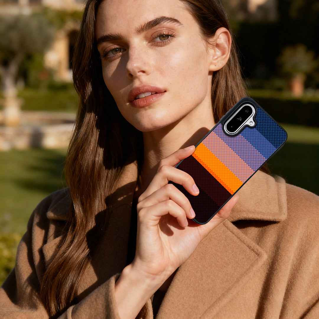 For Samsung Galaxy A57 5G Magnetic Case EYCASE Kevlar Series UV Printed Black Edge TPU Acrylic Phone Cover - Sunset Glow